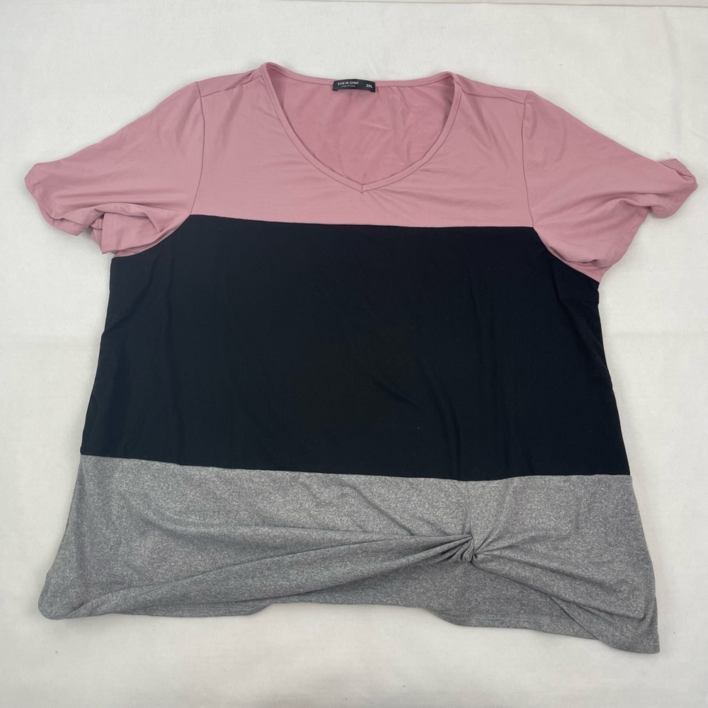 Womans Shein Curve Plus Size 2XL Color Block Stretch T Shirt Pink Black Gray